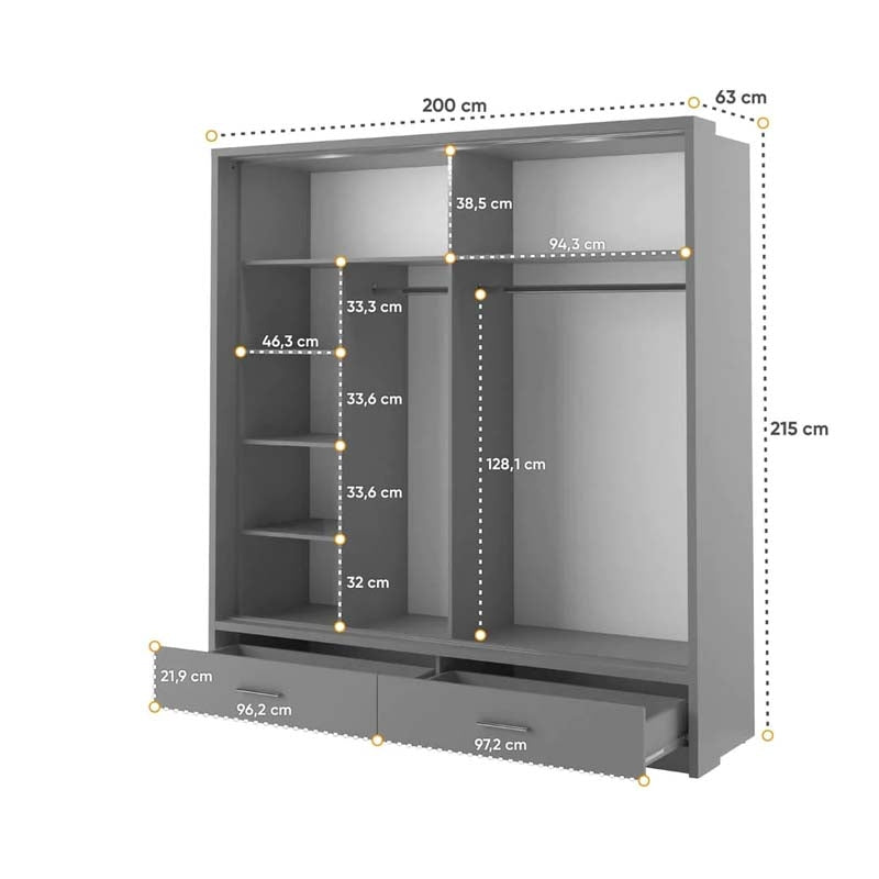 Newcastle Grey Sliding Door Wardrobe 200cm With Lights