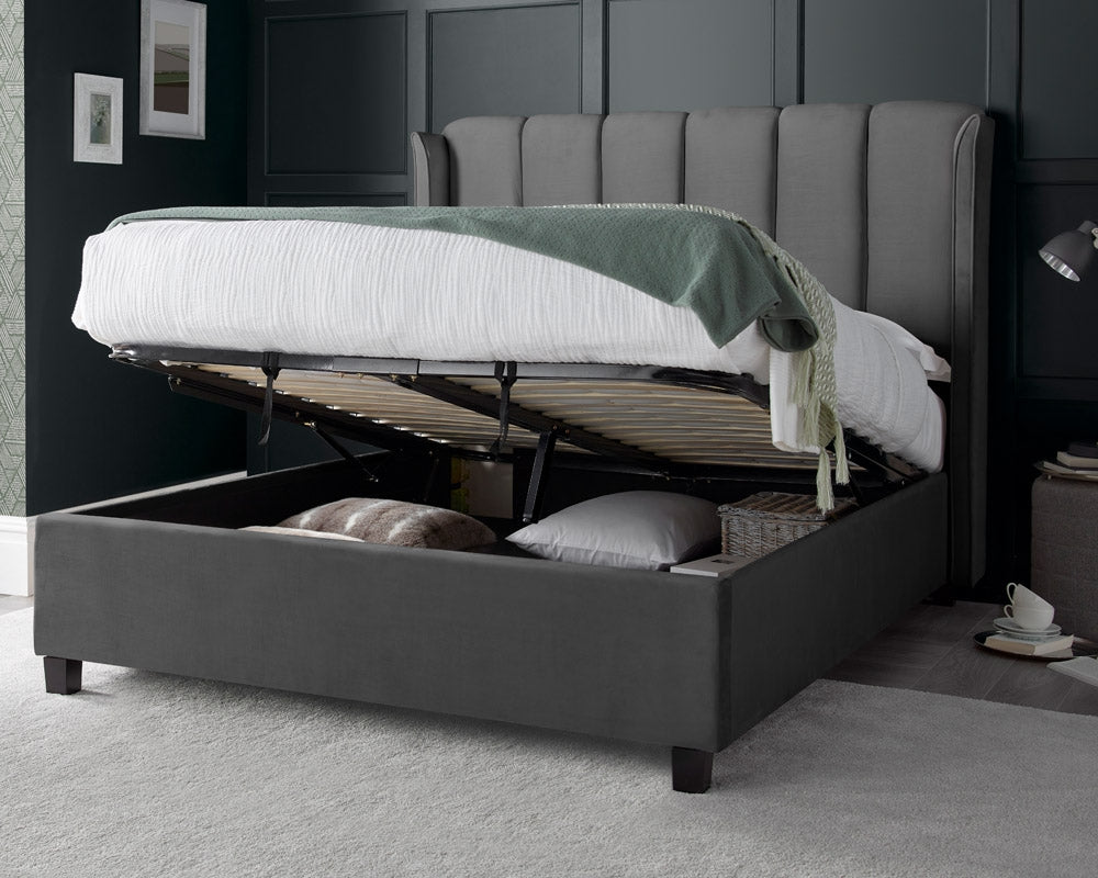 Aura Grey Velvet  King Size Ottoman Bed Frame