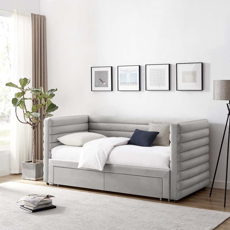 Grey Upholstered Day Bed With Drawers