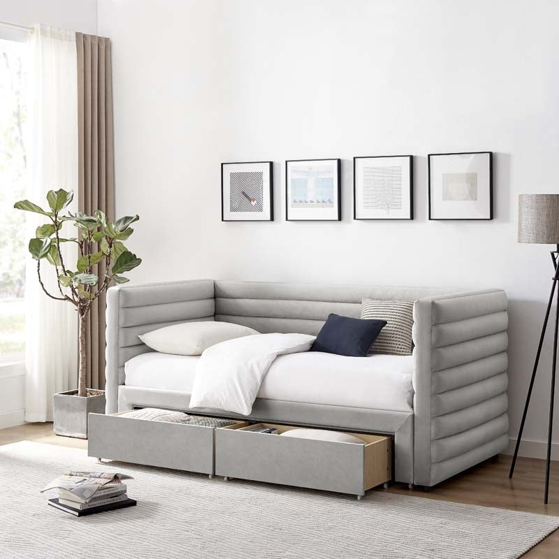 Grey Upholstered Day Bed With Drawers
