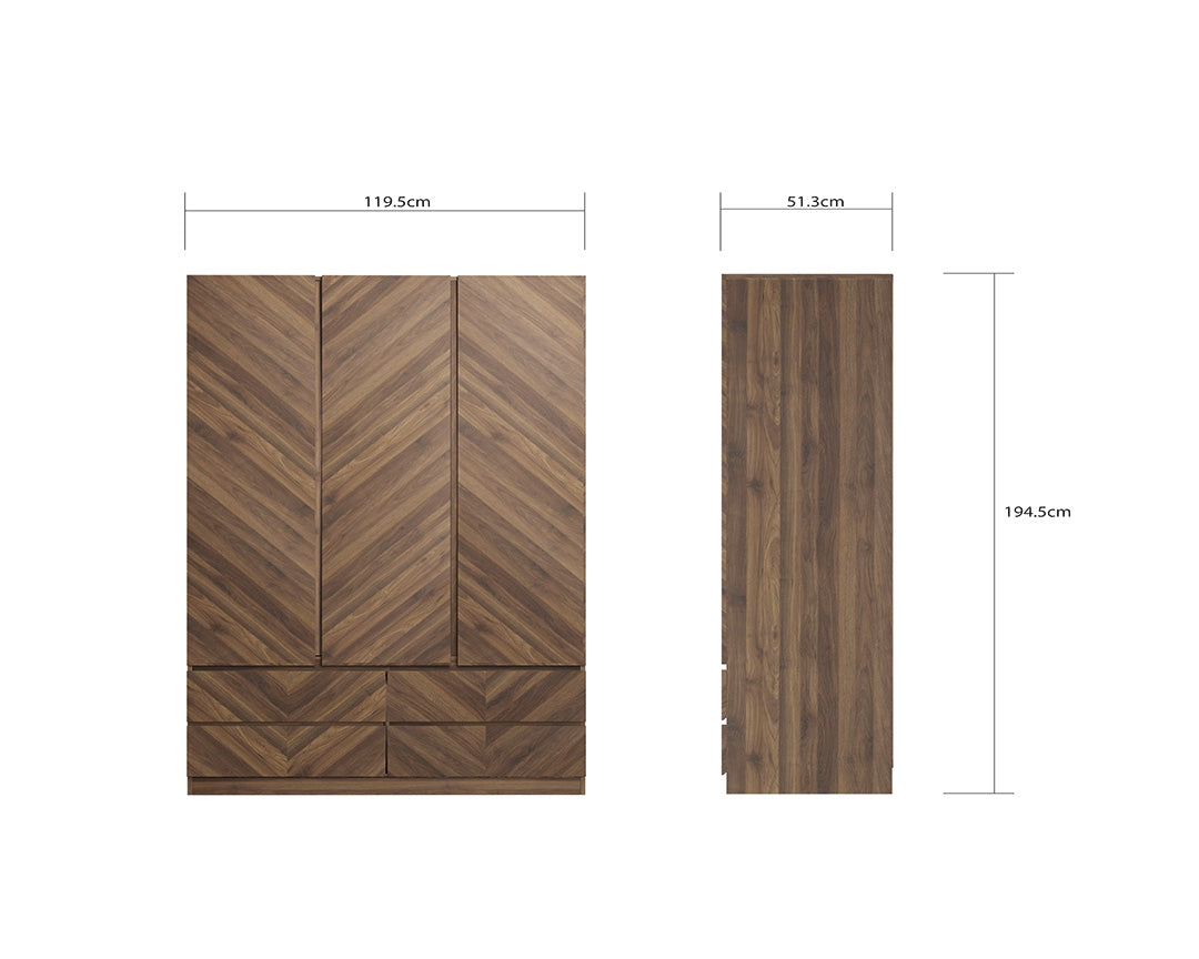 Catalan Walnut 3 Door 4 Drawer Wardrobe